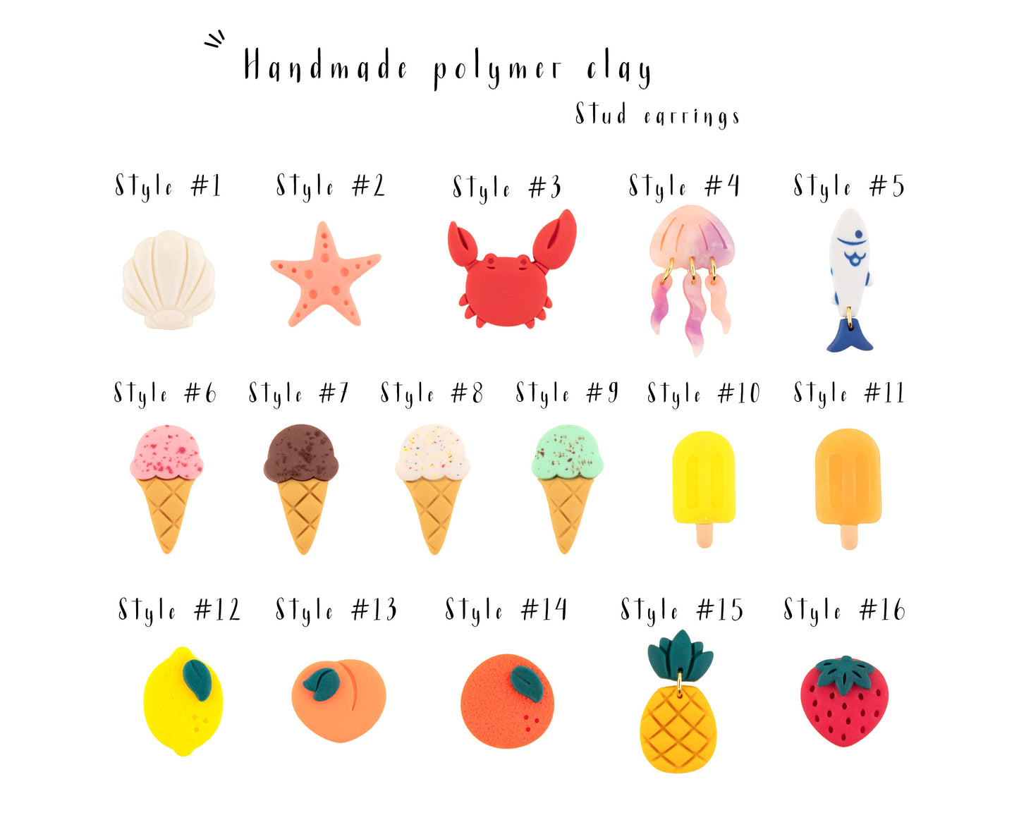 summer stud earrings in clay including strawberry earrings, lemon studs, peach earrings, orange studs, pineapple earrings, seashell studs, starfish earrings, crab studs, jellyfish earrings, fish earrings, and ice cream cone and popsicle stud earrings