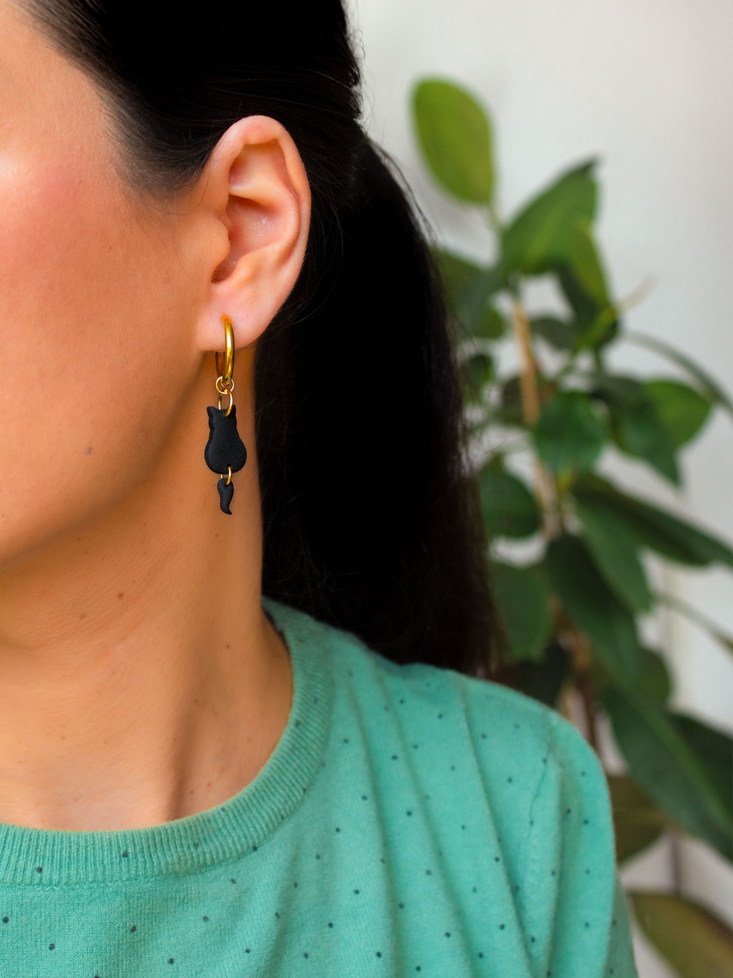 Black cat hoop earrings handmade from polymer clay, lightweight and comfortable.
