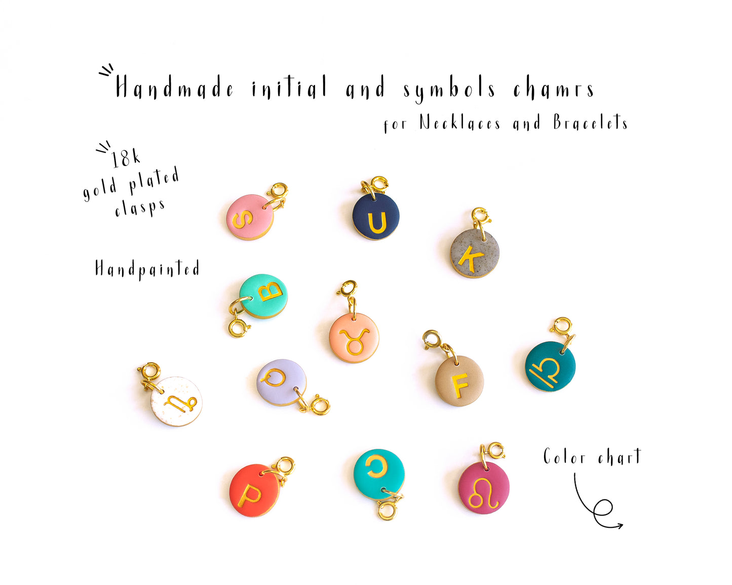 Handmade initial charms necklace with secure clasp system