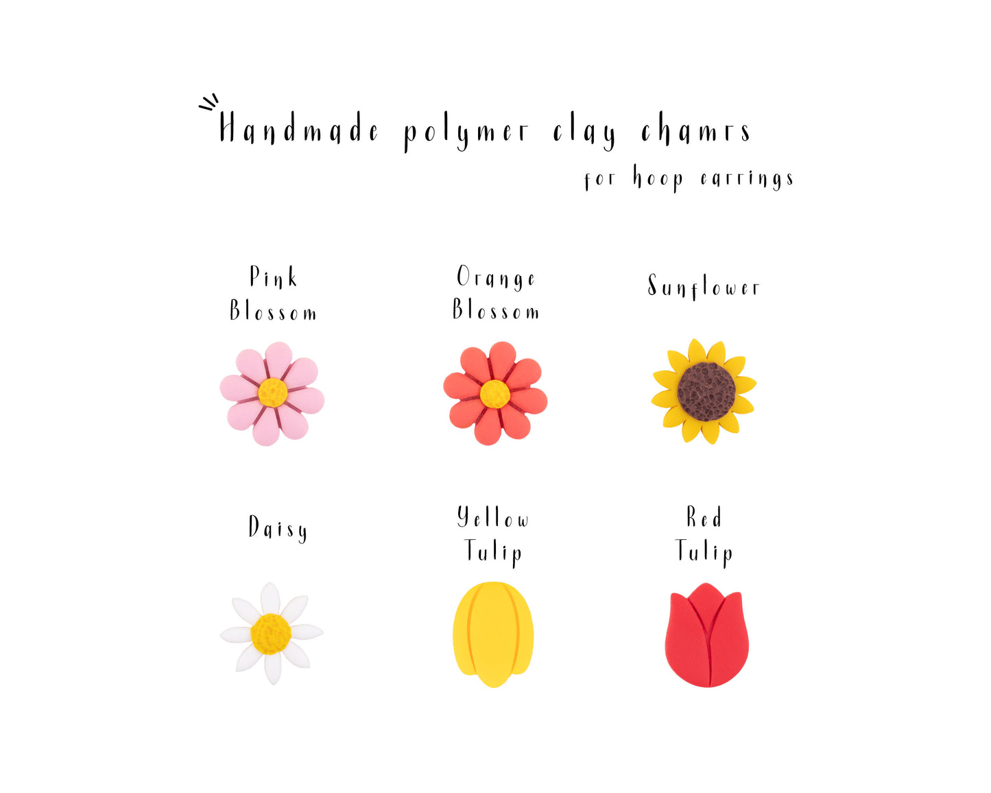 Interchangeable charms featuring flowers, daisies, tulips, sunflowers, and colorful flowers
