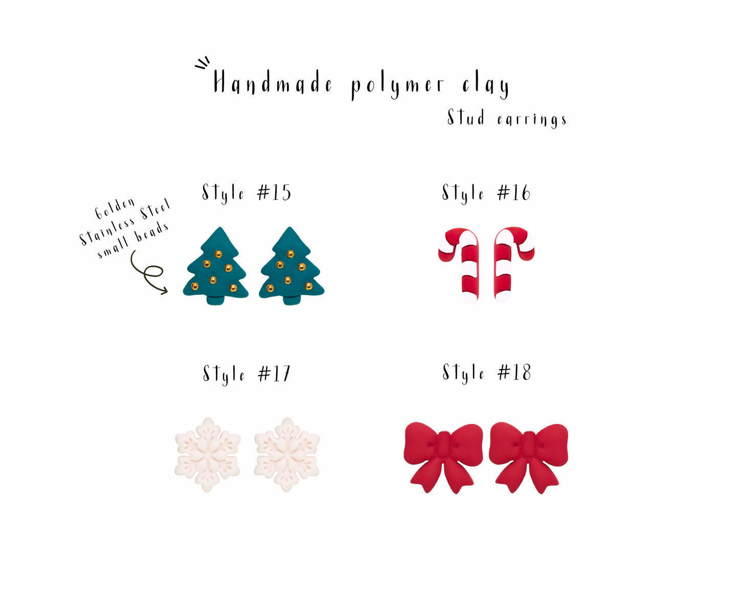 Festive Christmas tree stud earrings, handcrafted with hypoallergenic materials and golden bead accents. Ideal for holiday celebrations and gifts