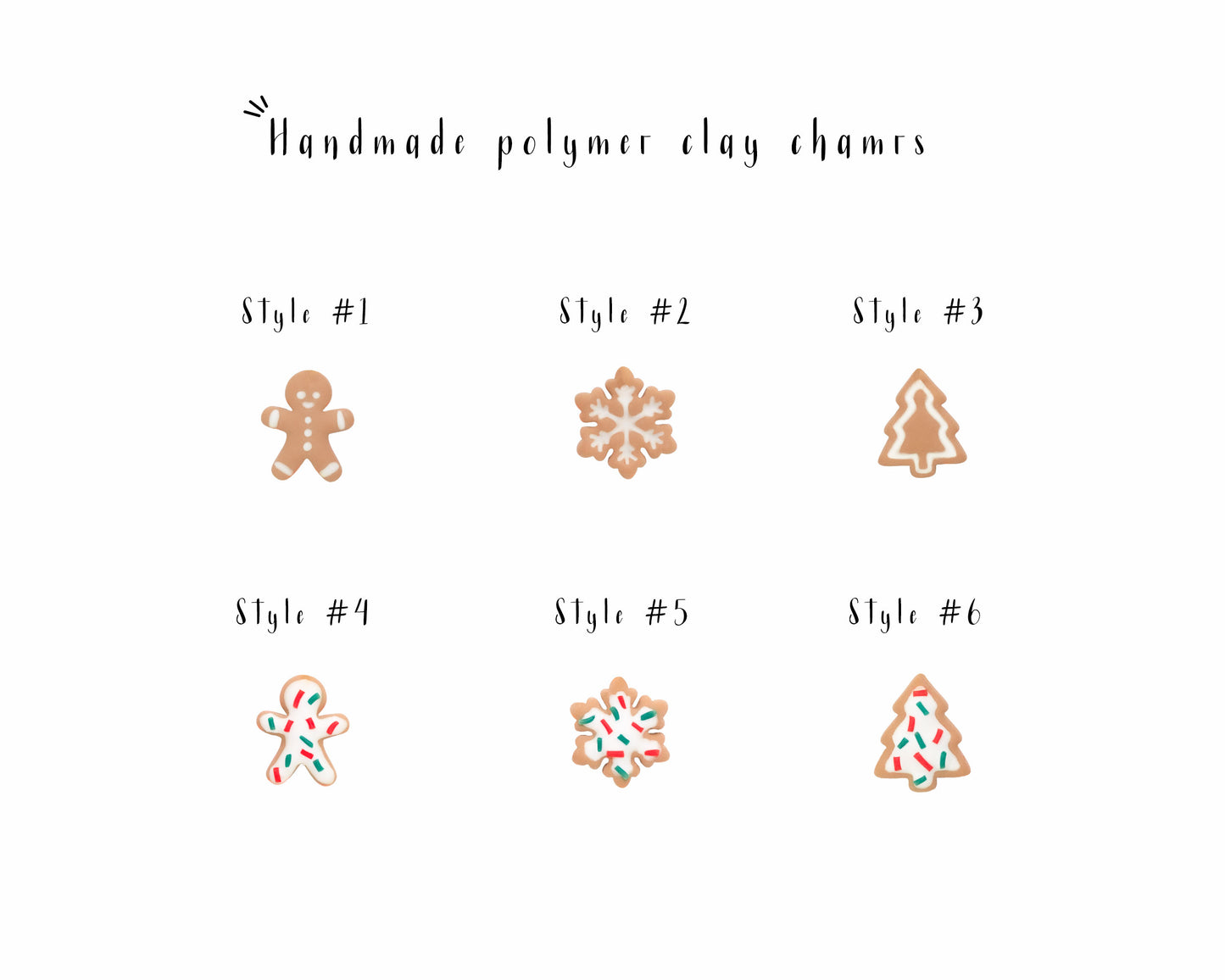 Handmade clay Christmas charms styles 1 to 6 gingerbread snowflake tree for a festive charm necklace