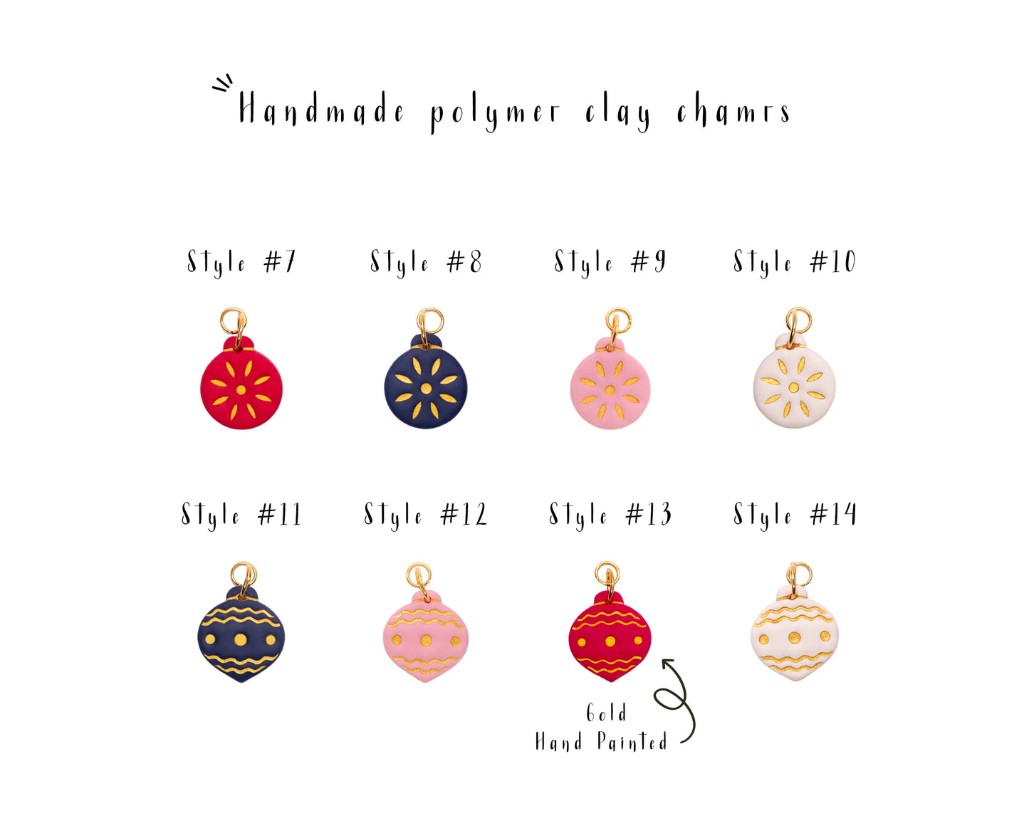 Christmas bauble polymer clay charms, Hand-painted festive ornaments designed as charms for mix-and-match hoop earrings.