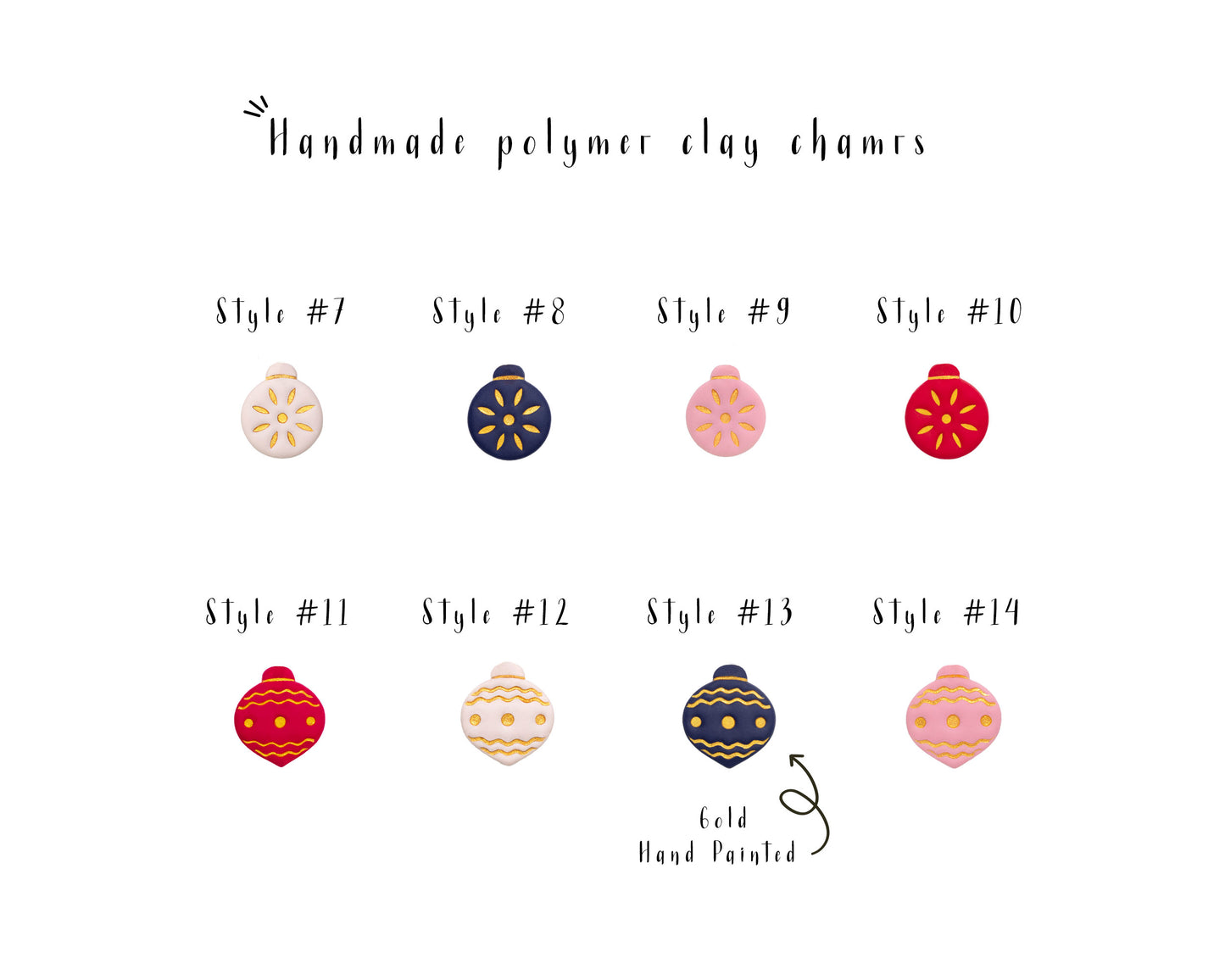 Handmade Christmas ornament charms styles 7 to 14 gold hand painted for a personalized Christmas necklace