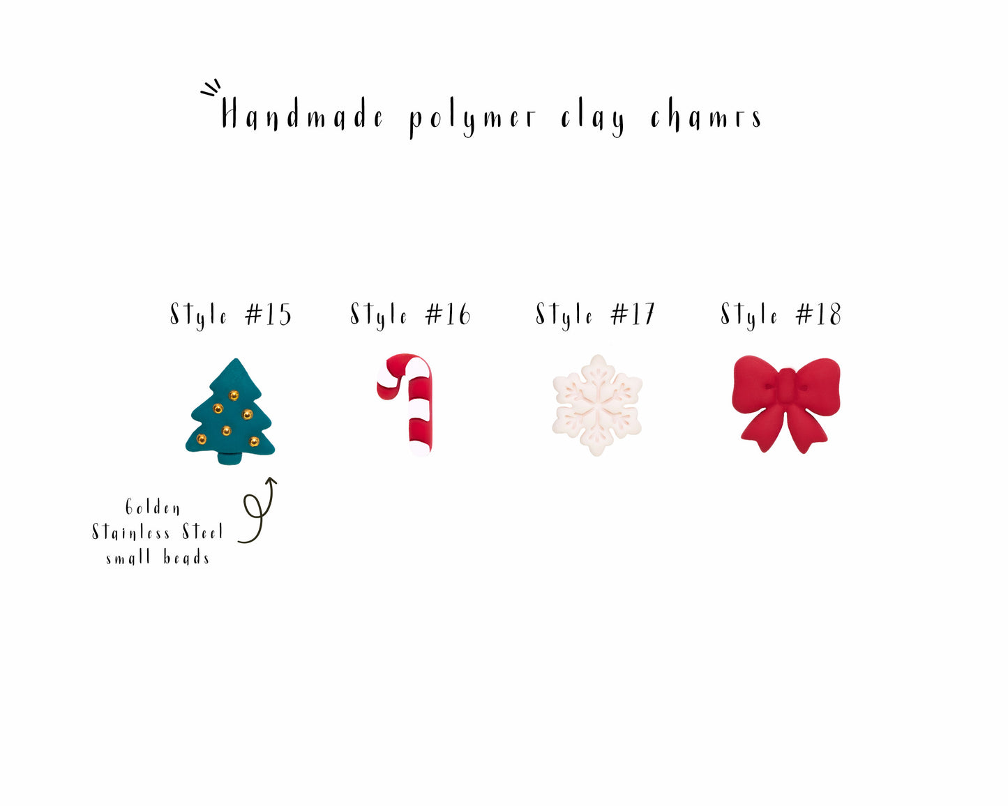 Handmade clay Christmas charms tree with golden beads candy cane snowflake bow for a holiday charm necklace