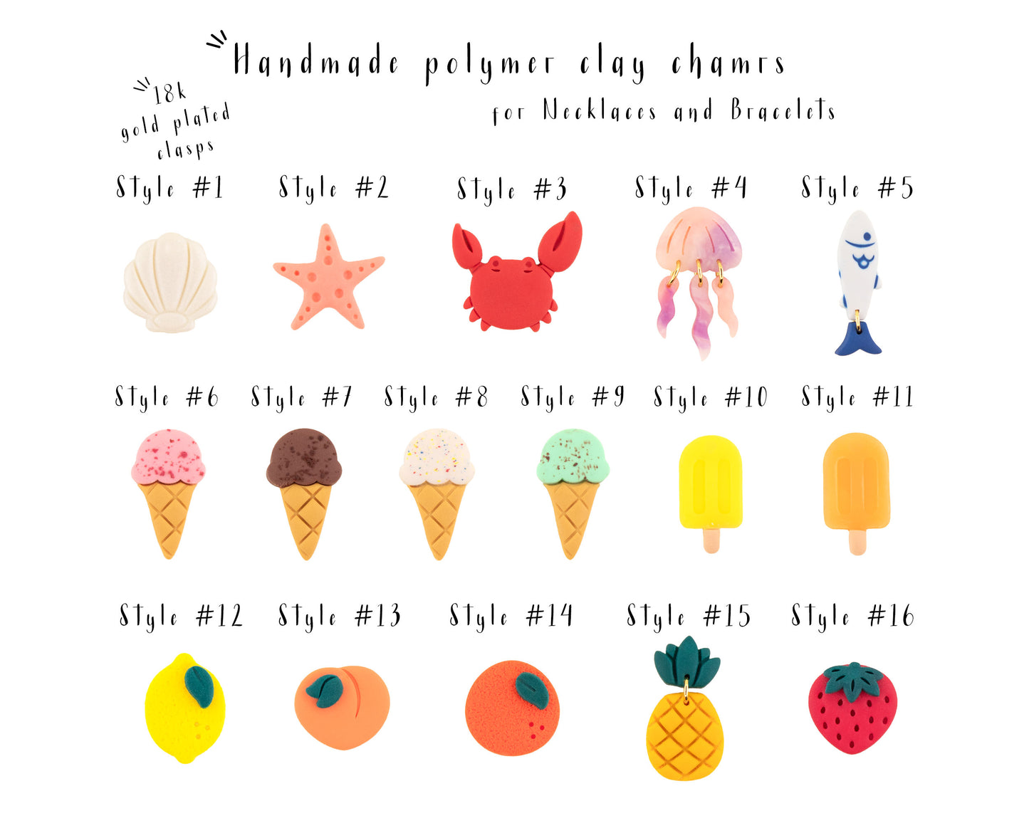 Interchangeable clay charms for necklaces and bracelets with clasp, featuring fruit, ocean animals, and ice cream designs, 16 handmade styles.