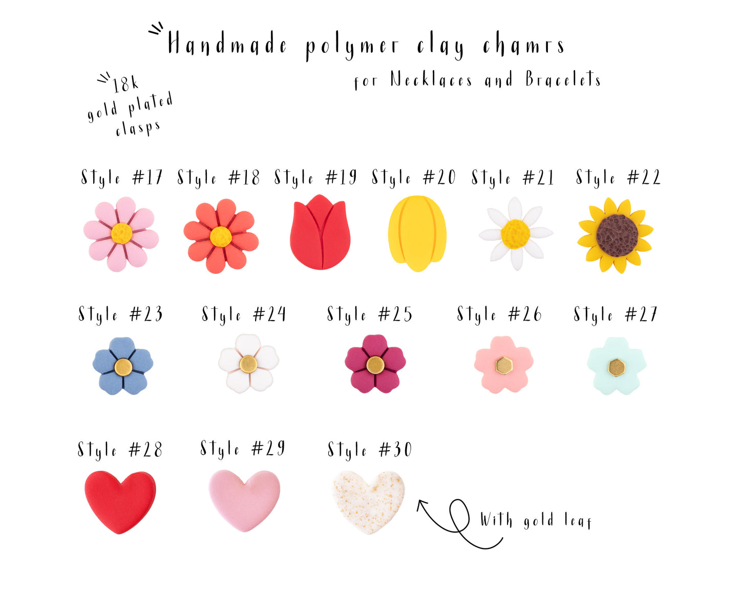 Interchangeable clay flower and heart charms with clasp for necklaces and bracelets, 18k gold plated, 30 handmade styles including tulip, daisy, sunflower and gold leaf heart.