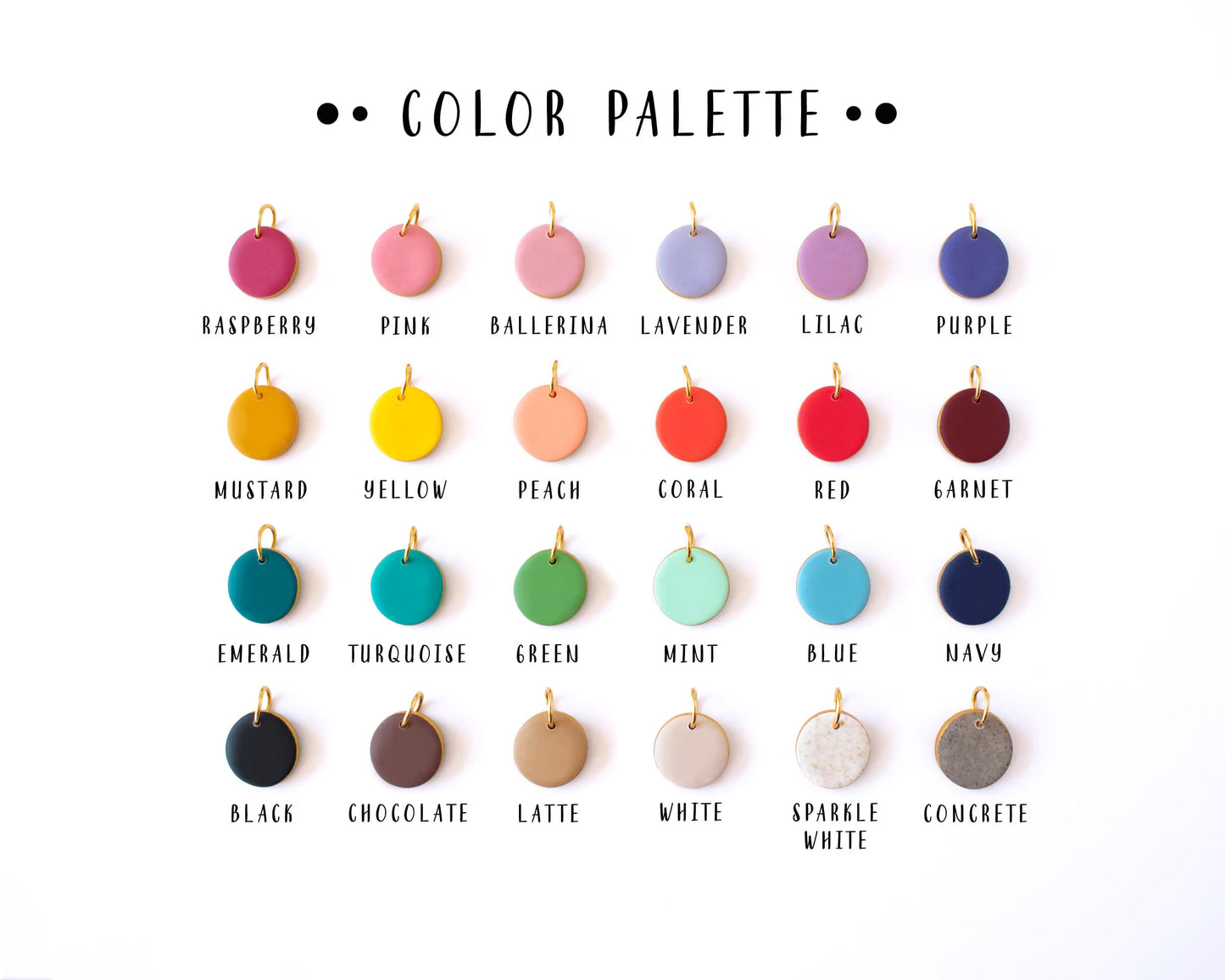 Color palette for custom clay initial and paw print charms