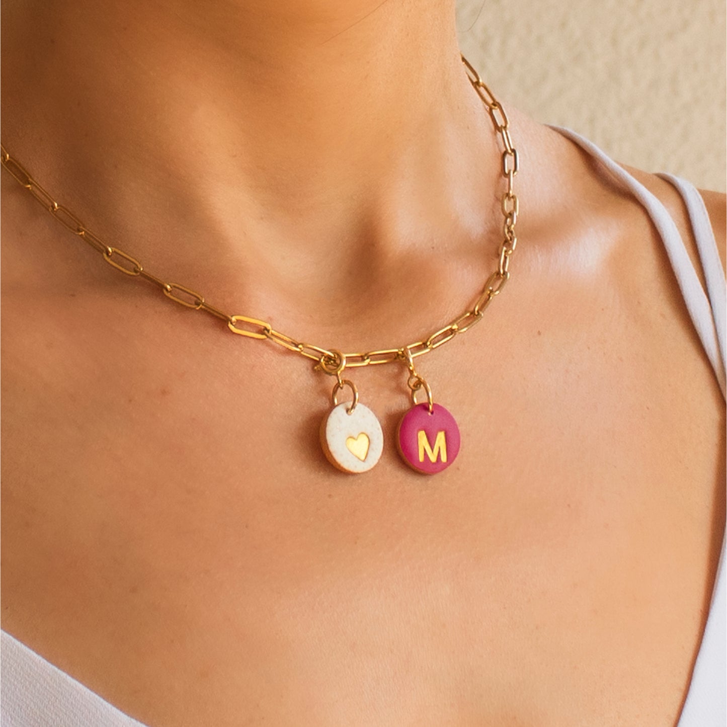 Gold chain necklace with handmade clay charms