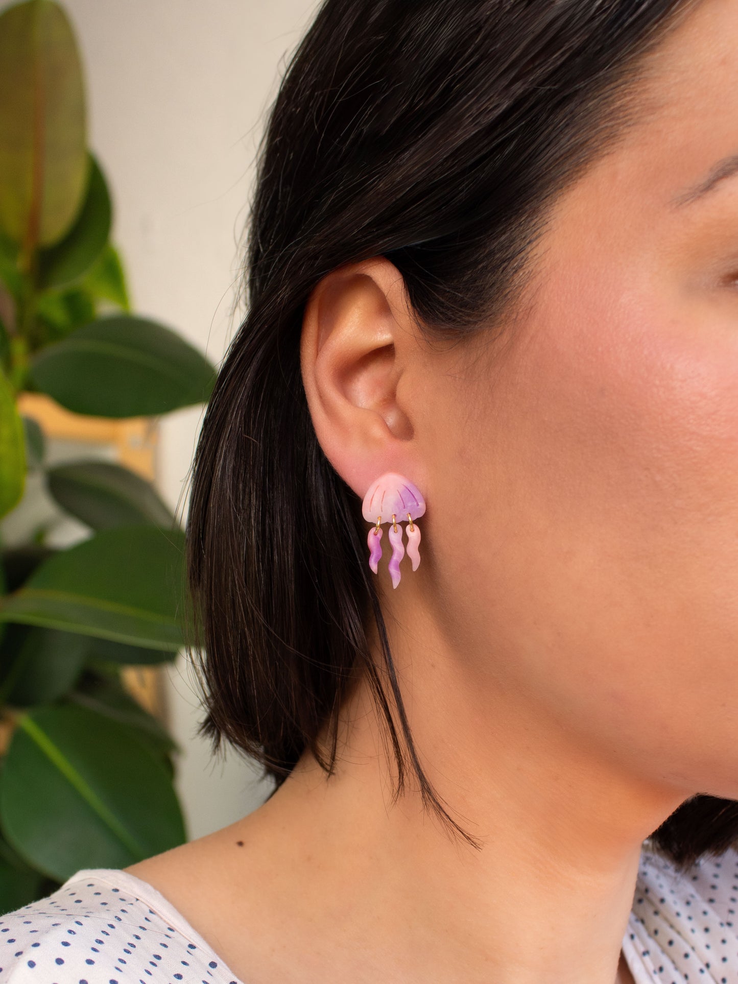 Pink jellyfish stud earrings handmade in clay lightweight statement summer jewelry