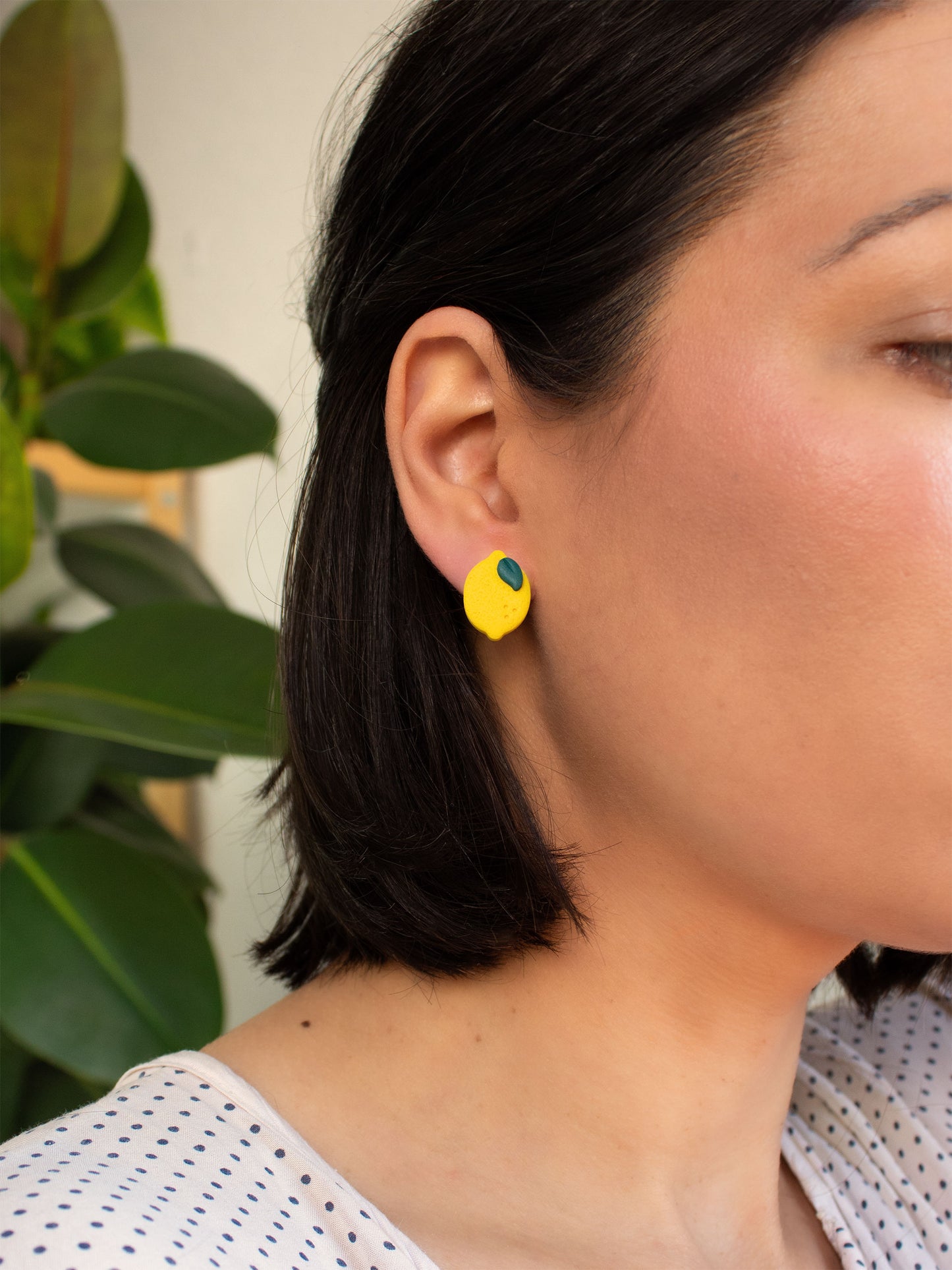 Yellow lemon stud earrings handmade in clay with sterling silver posts