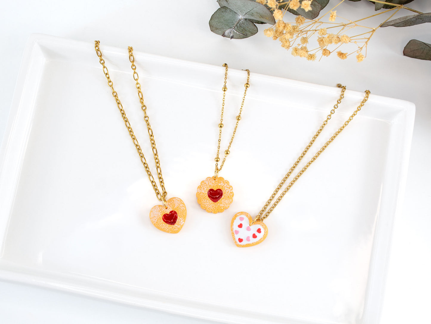 Linzer tart cookie charm necklaces on dainty gold chains, unique sweet jewelry dessert lover gift