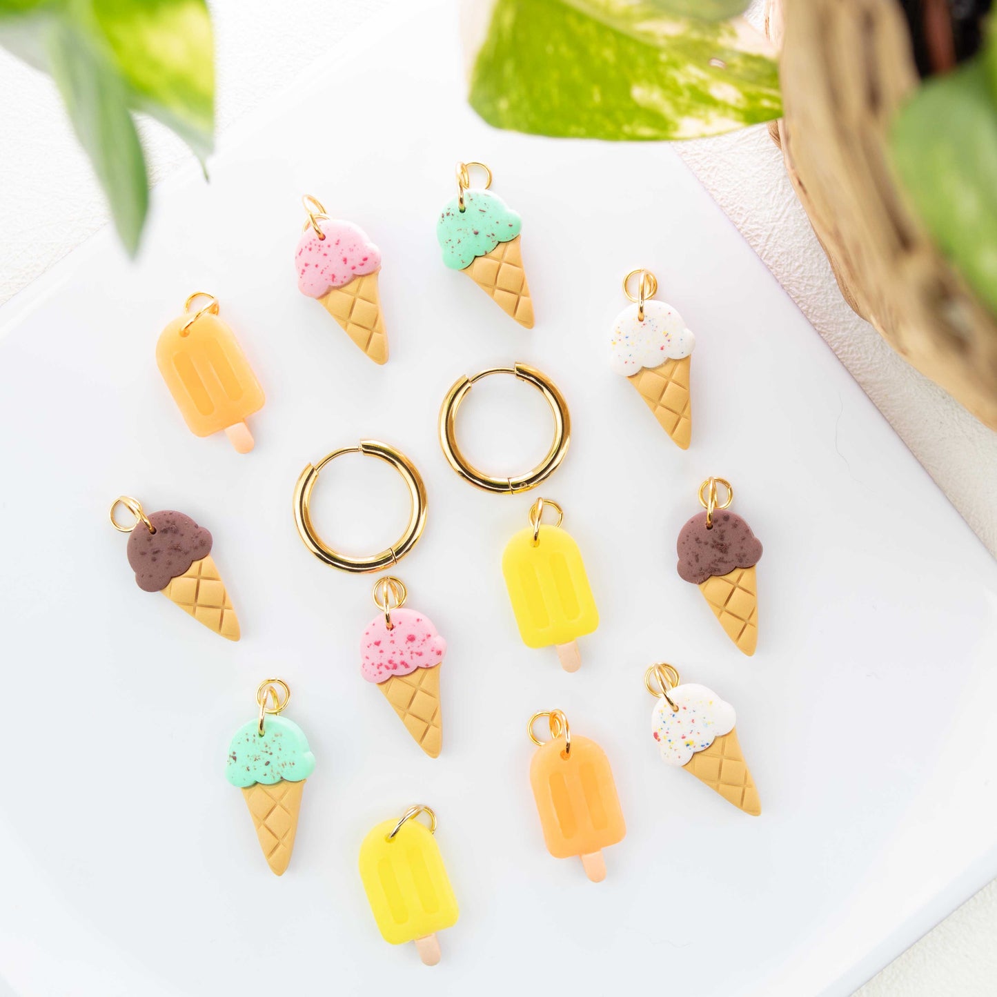 gold charm hoop earrings with ice cream charms cones and popsicles summer earrings