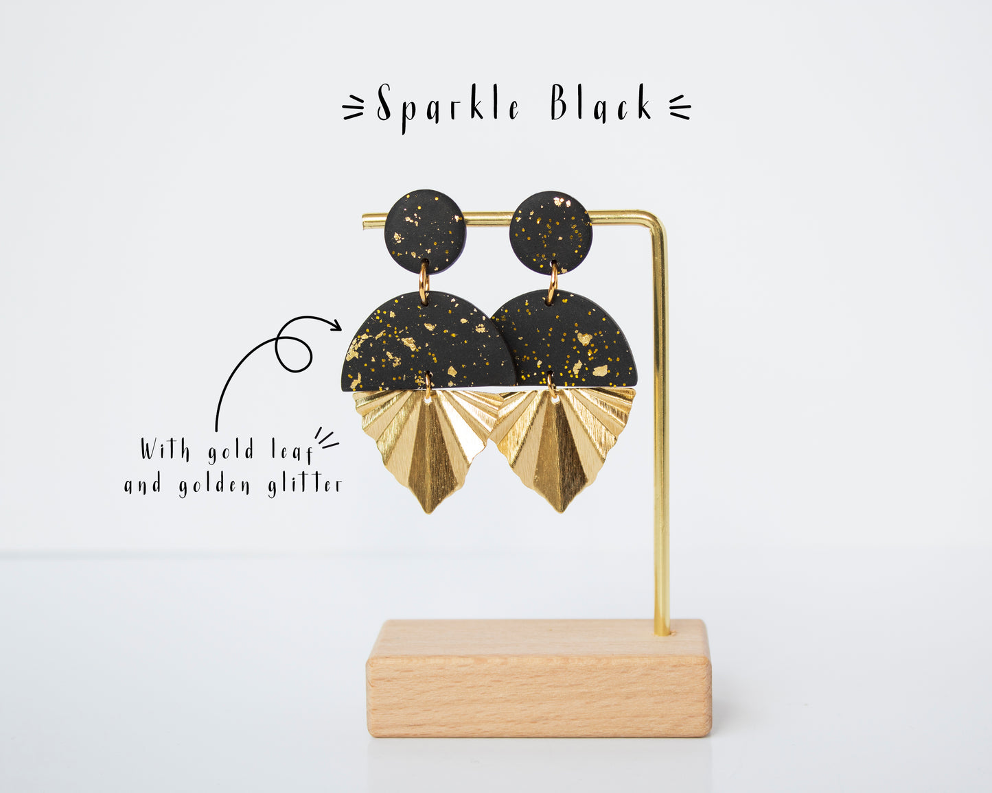 Black and Gold Long Earrings with Gold Leaf Charm and Brass Accents