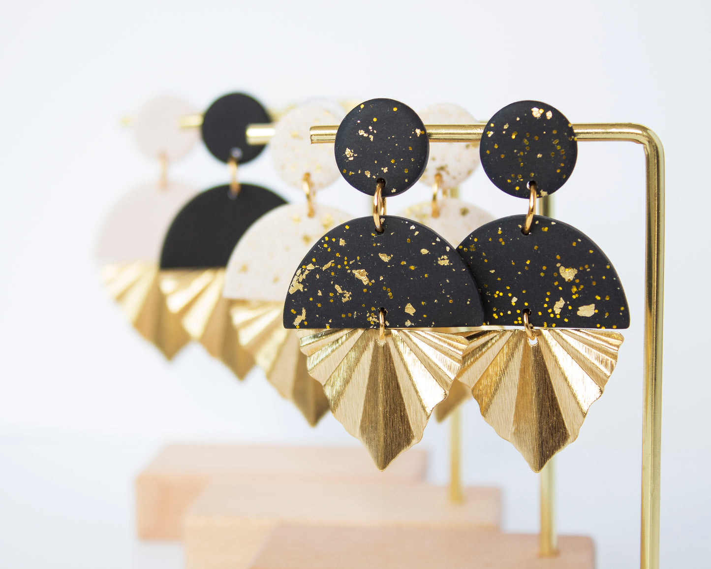 Black and White Long Earrings with Gold Leaf Charm and Golden Accents