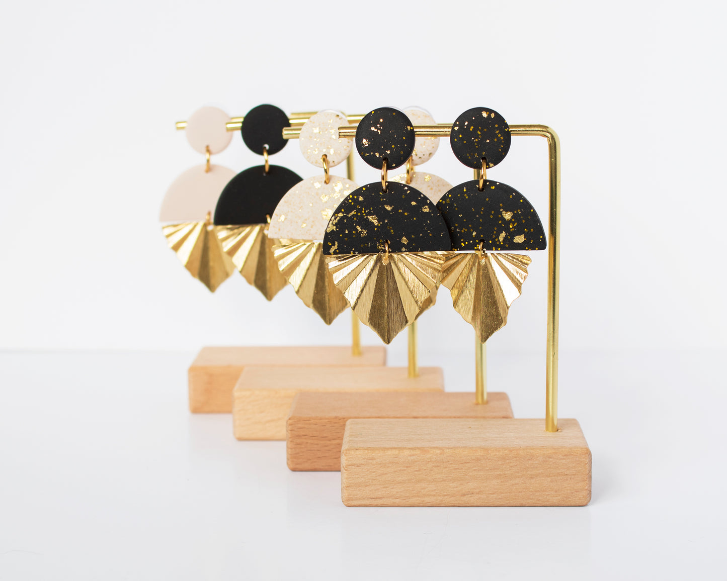 Black and White Long Earrings with Gold Leaf Charm and Brass Accents