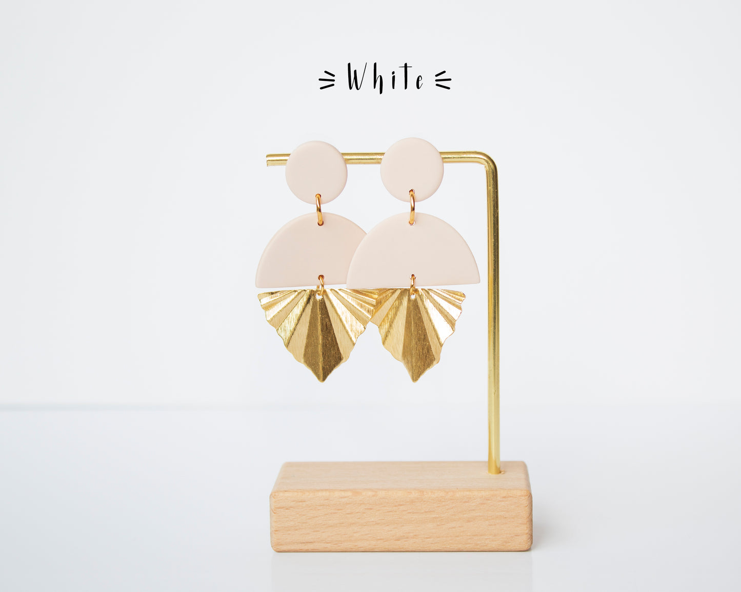White and Gold Long Earrings with Gold Leaf Charm and Brass Accents