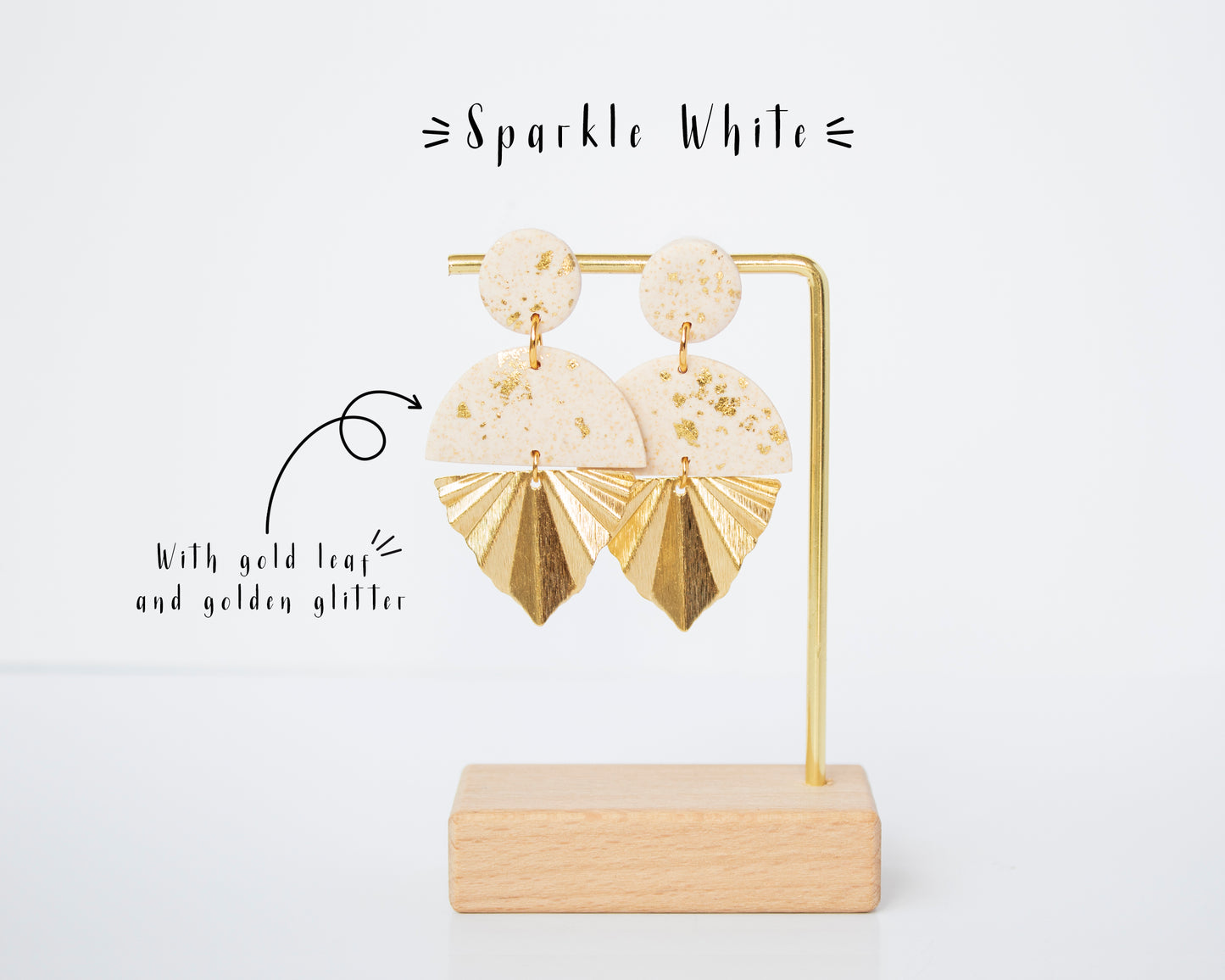 White and Gold Long Earrings with Gold Leaf Charm and Brass Accents