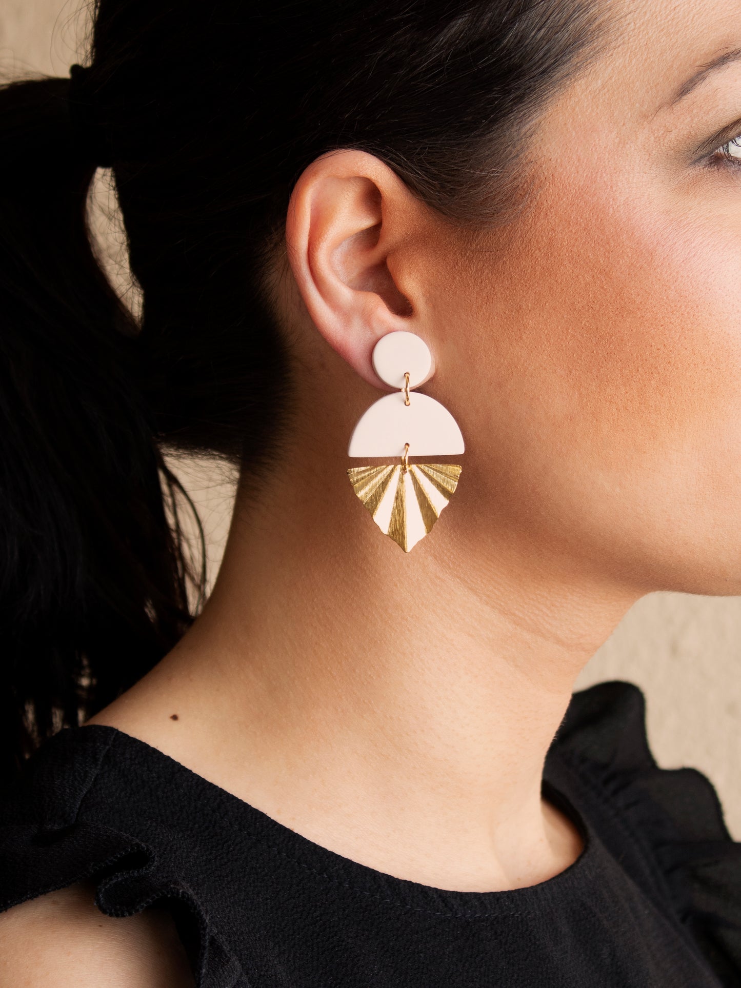 White and Gold Long Earrings with Gold Leaf Charm and Brass Accents