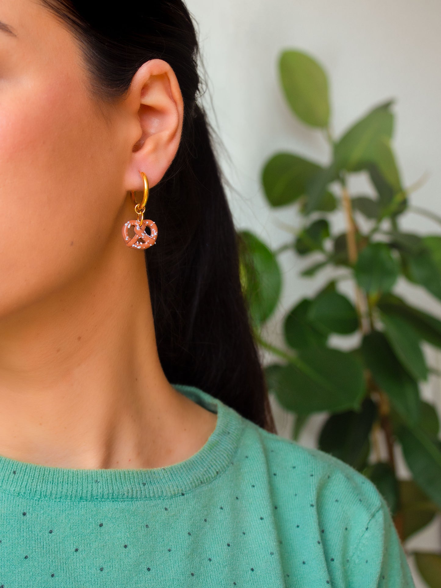 Lightweight and hypoallergenic pretzel hoop earrings, handmade from polymer clay.