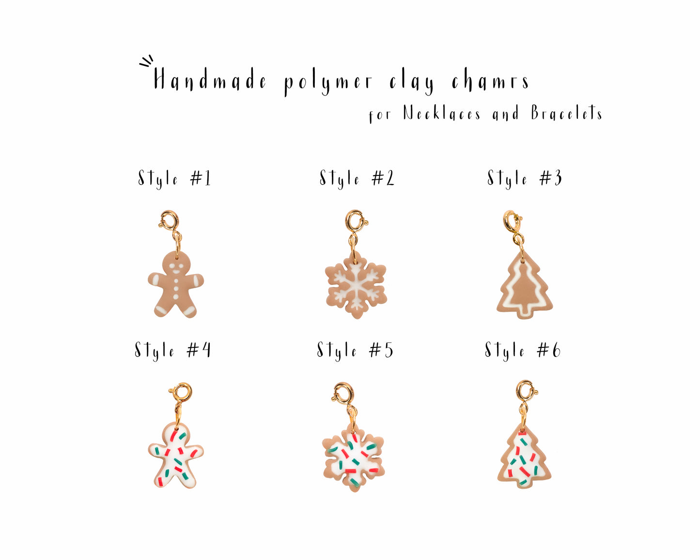 Handmade Christmas cookie charms for necklaces, gingerbread man, snowflake and Christmas tree clay charms with gold clasp