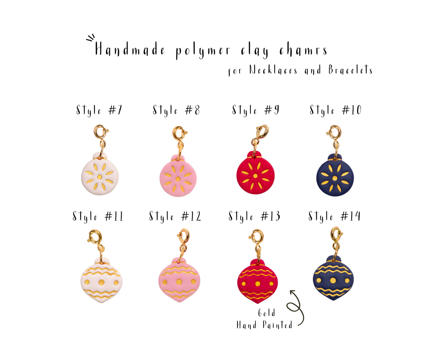 Handmade Christmas ornament charms for necklaces, round and teardrop clay baubles in white, pink, red and navy with gold hand painted details