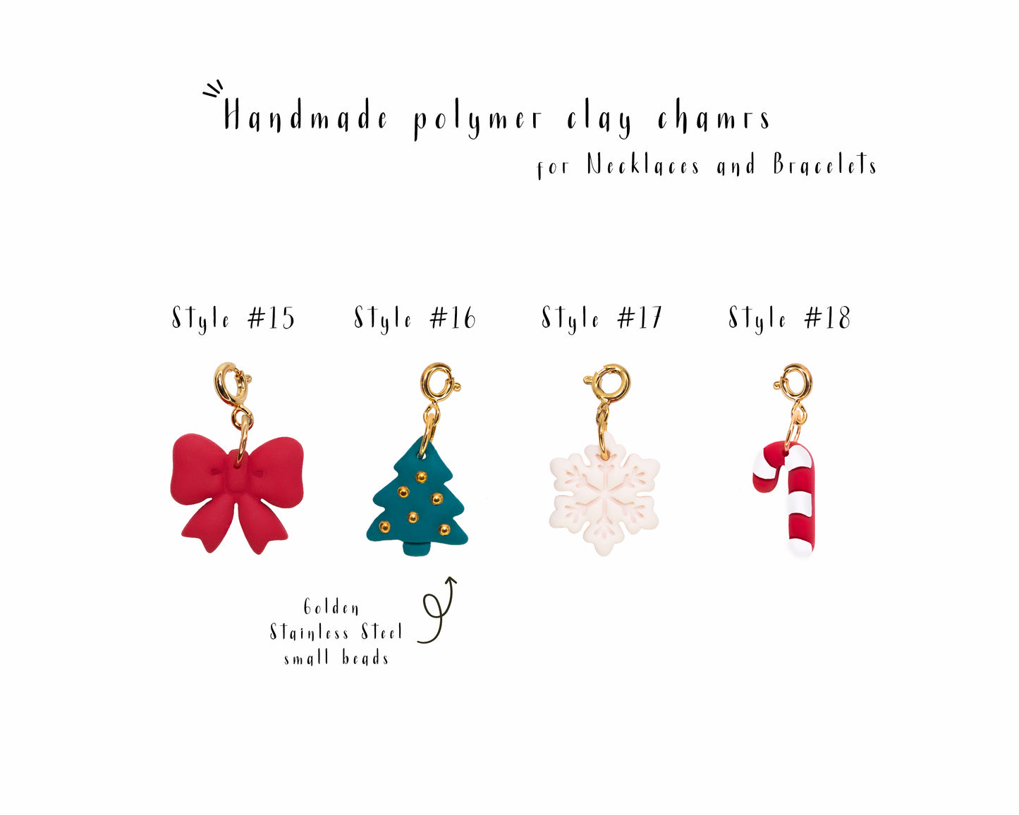 Handmade holiday charms for necklaces, red bow, green Christmas tree with gold beads, white snowflake and red candy cane clay charms