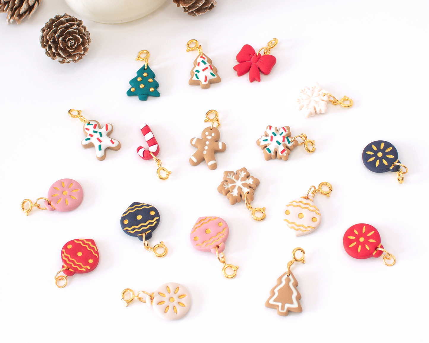 Assorted handmade Christmas charms for necklaces, gingerbread, snowflake, candy cane, Christmas tree, ornament and bow interchangeable clay charms set