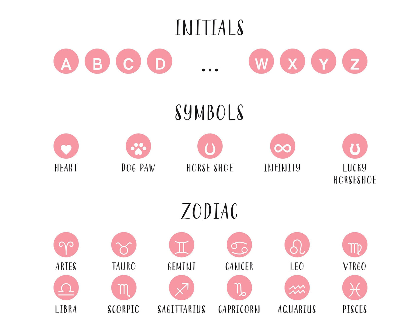 Available initials symbols and zodiac signs for personalized necklaces