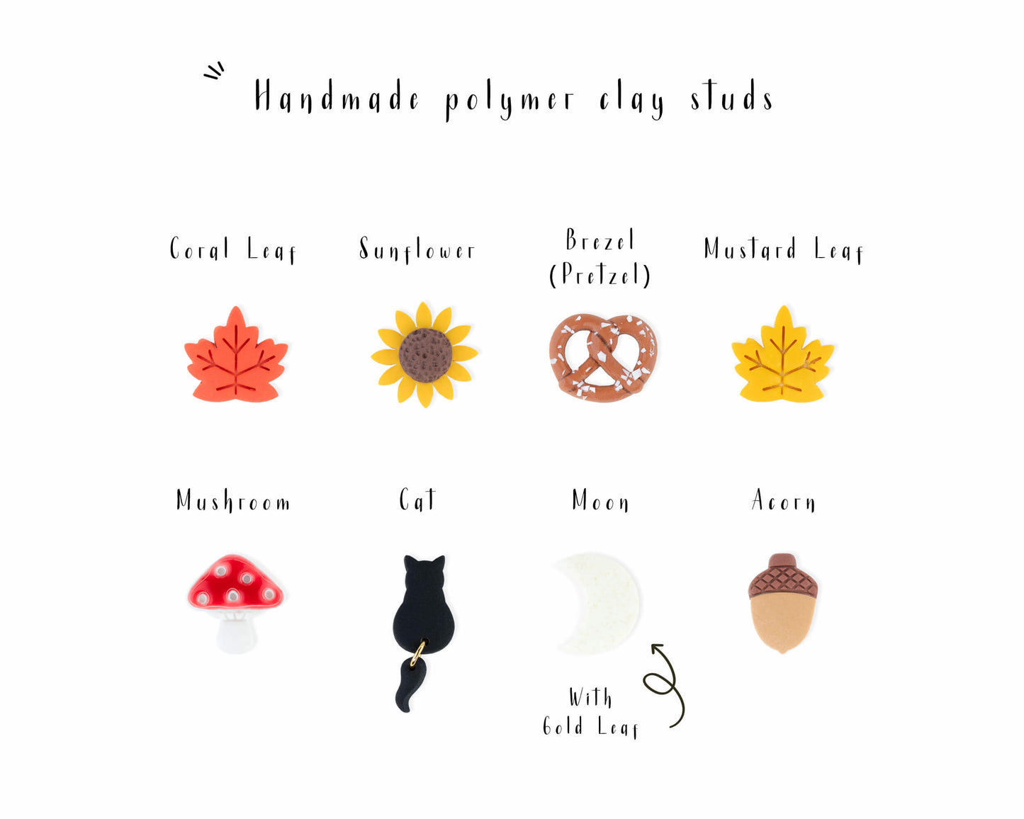 Displaying 8 unique handmade fall stud earrings, including pretzel, sunflower, leaf, moon, acorn, and black cat designs.