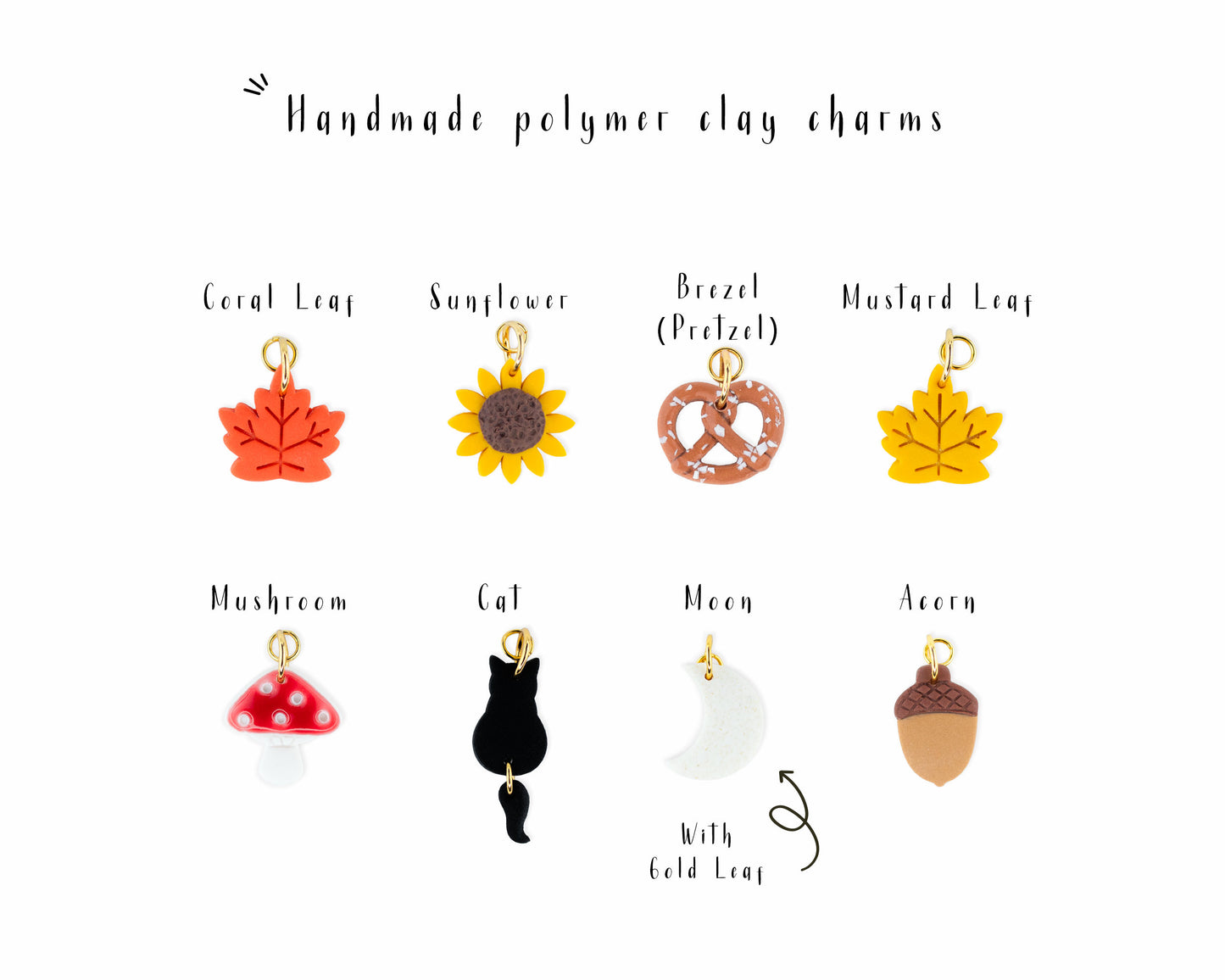 Handmade polymer clay charms for hoop earrings: Sunflower, cat, mushroom, moon, and pretzel designs