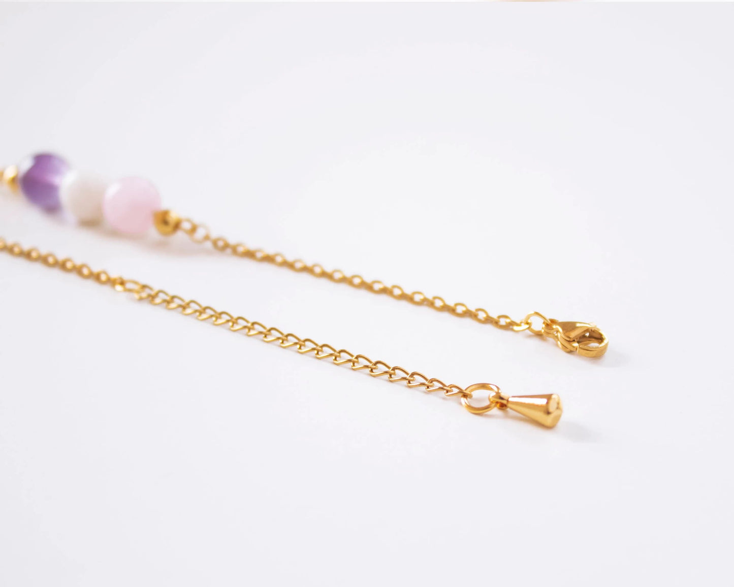 Close up of stainless steel gold bracelet clasp and extension chain