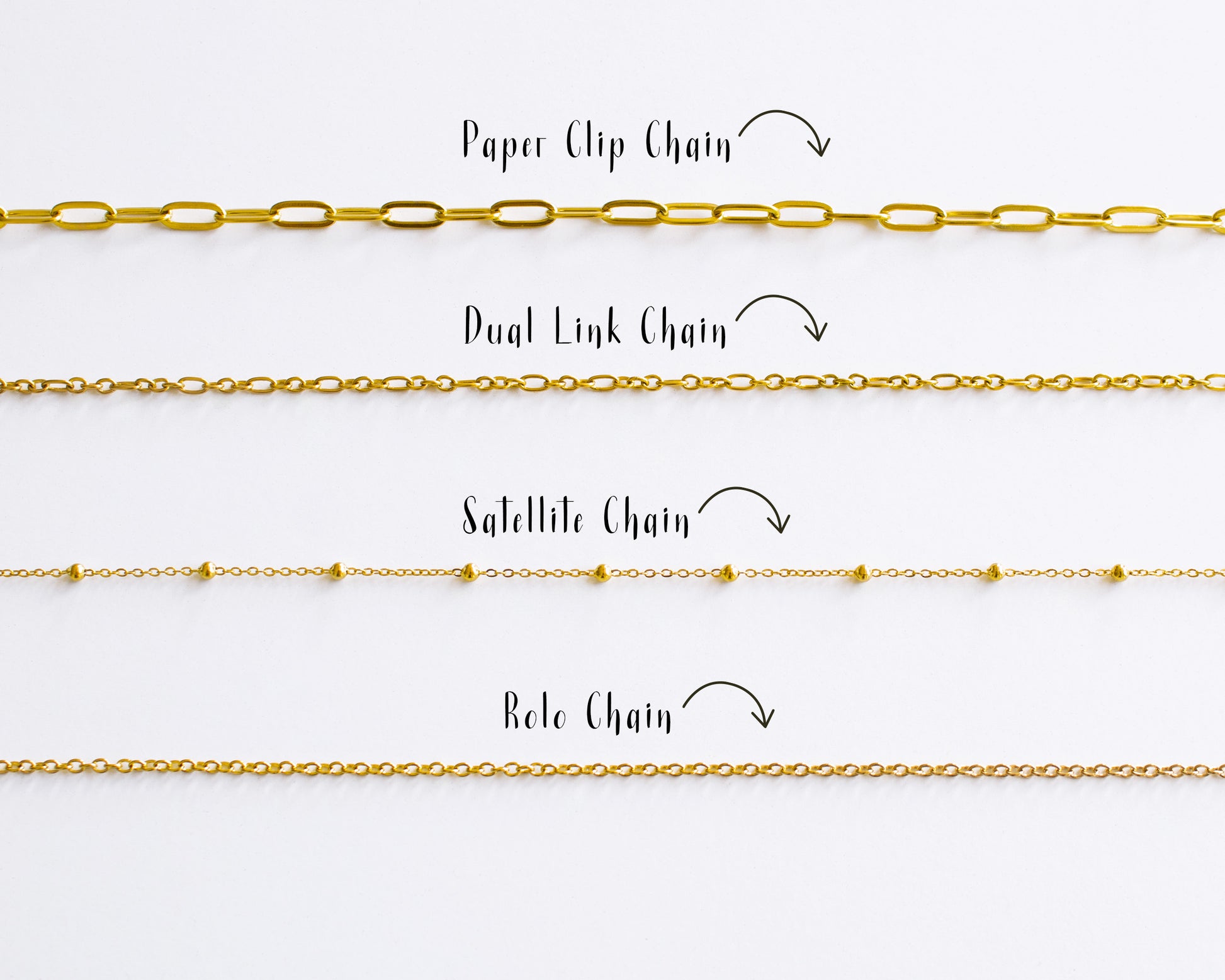 Gold chain styles for a charm holder necklace paperclip chain dual link satellite chain rolo chain 18k gold plated stainless steel