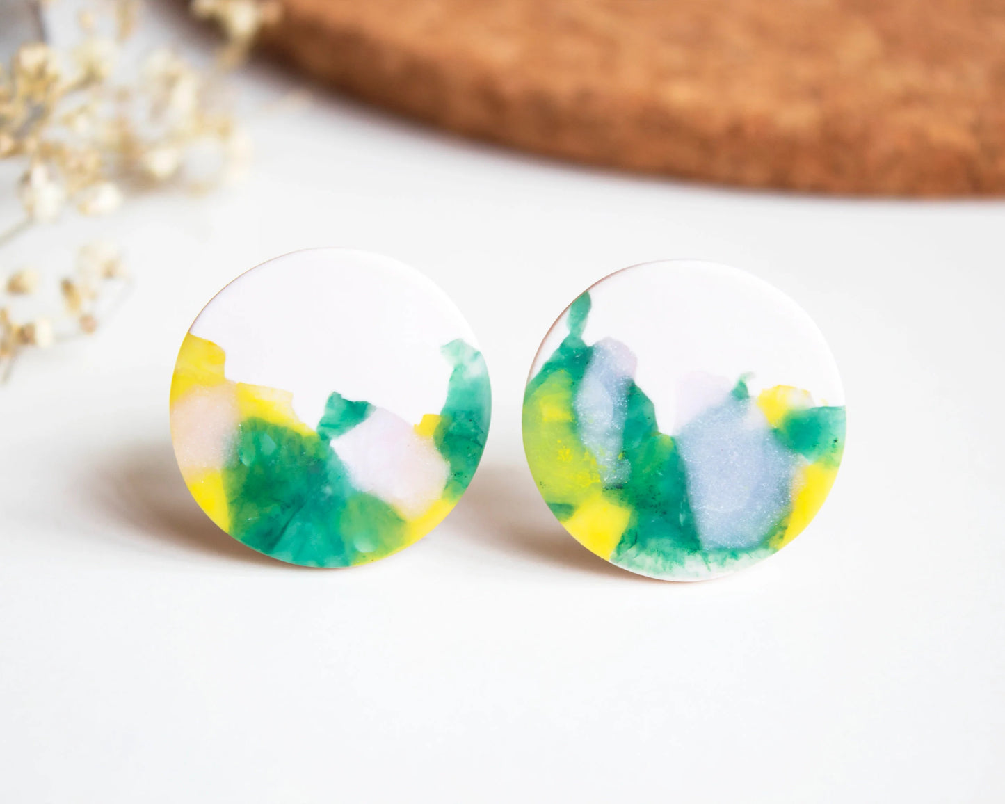 Green watercolor clay earrings handmade