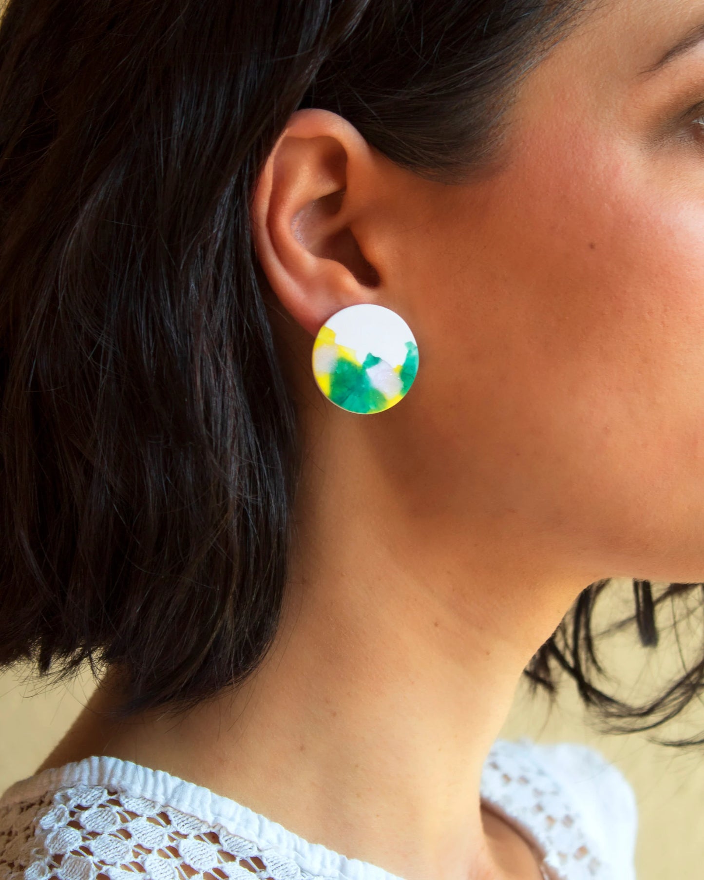 Model with Green watercolor clay earrings handmade