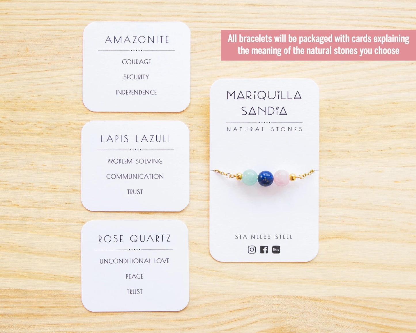 Personalized bracelet with three healing crystals on gold chain