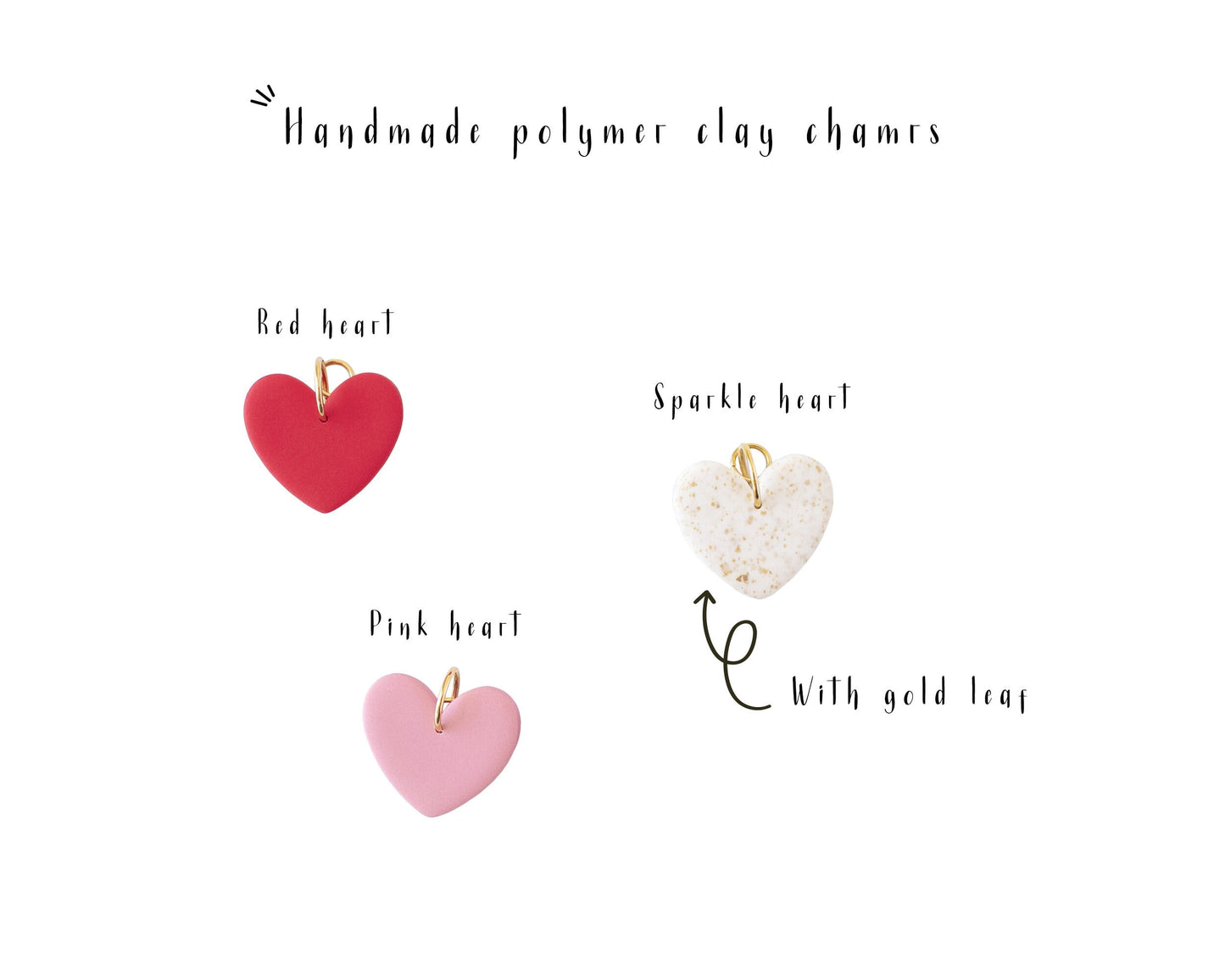 Handmade clay heart charms in red, pink, and white, perfect for mix-and-match earrings.
