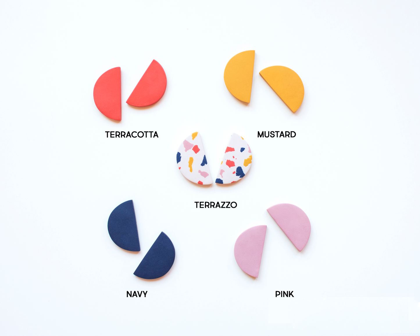 Minimalist stud earrings, geometric shape and 5 colors, Terrazzo, Pink, Navy blue, Mustard and coral.