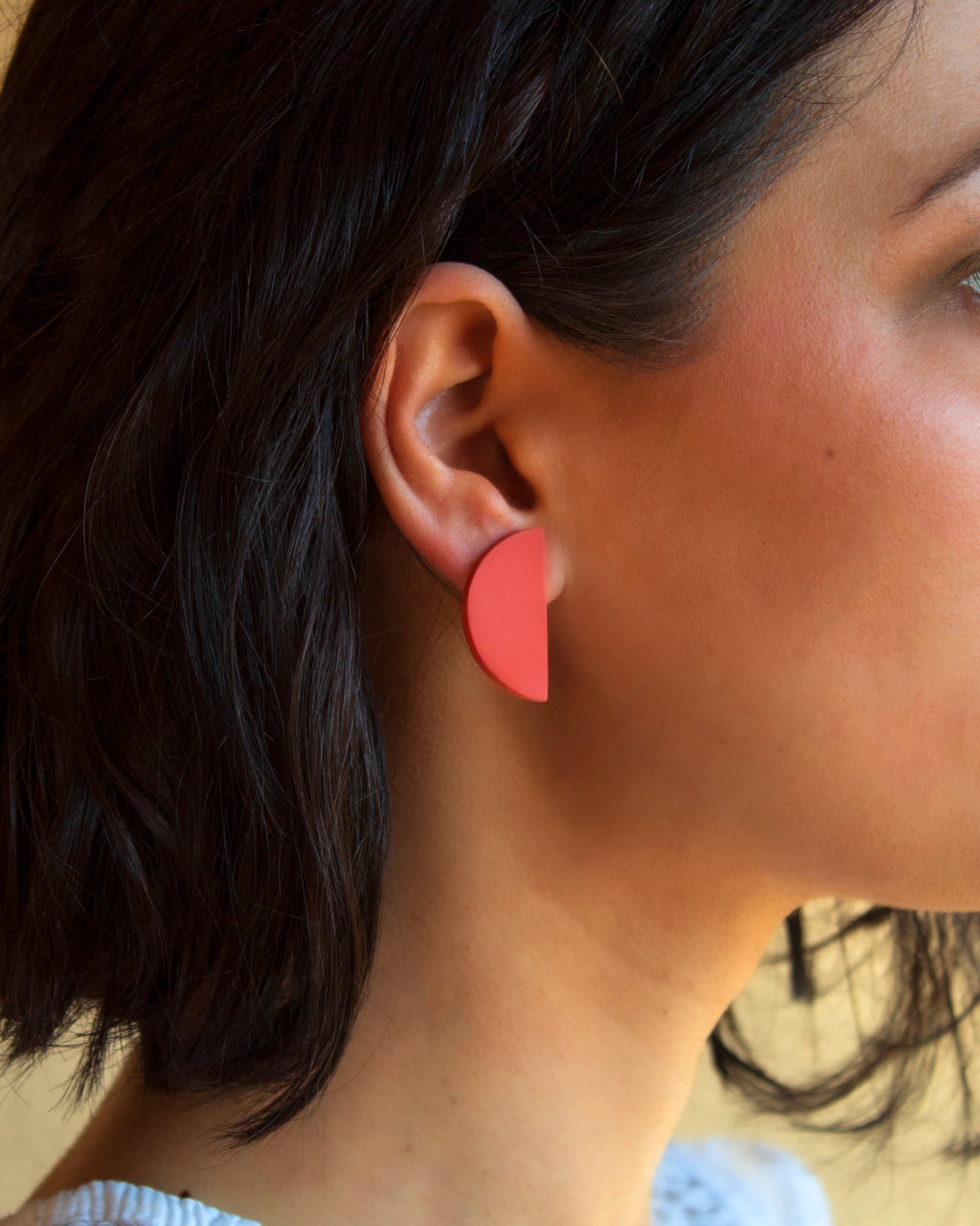 Minimalist stud earrings, geometric shape coral color