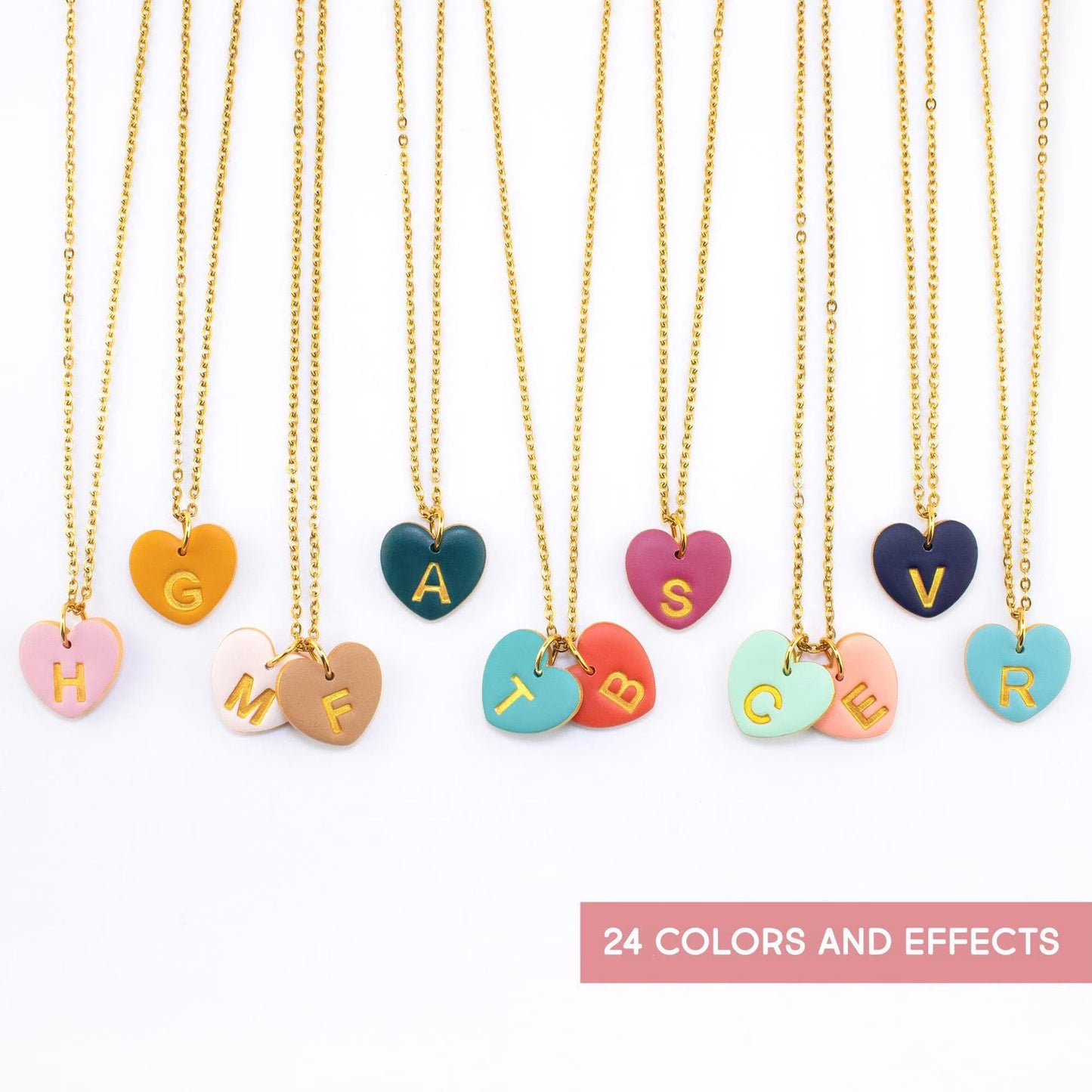 Gold heart necklaces with colorful initials customizable for gifts
