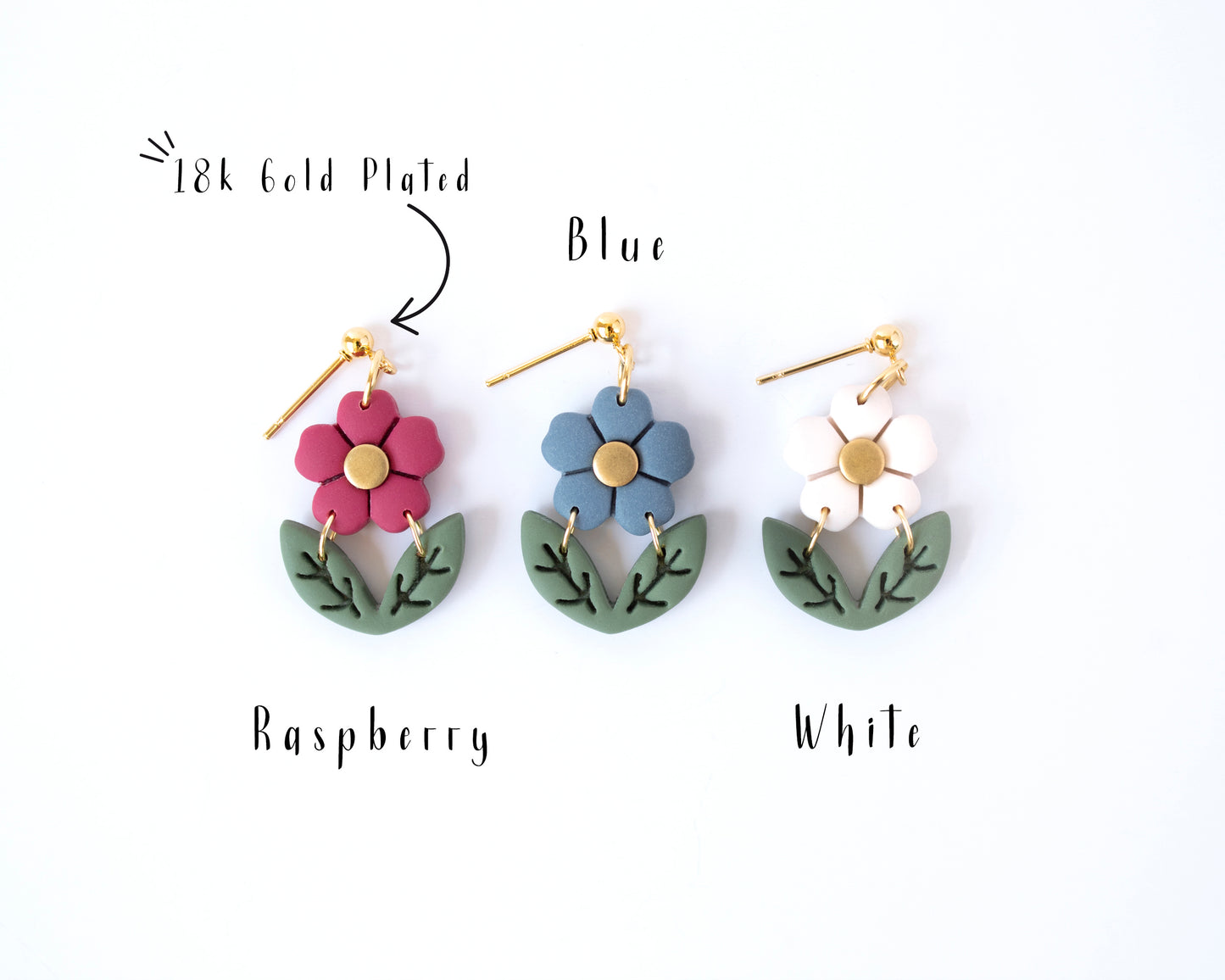 Three pairs of statement flower beaded earrings in raspberry, blue, and white colors, handmade with 18K gold plated posts