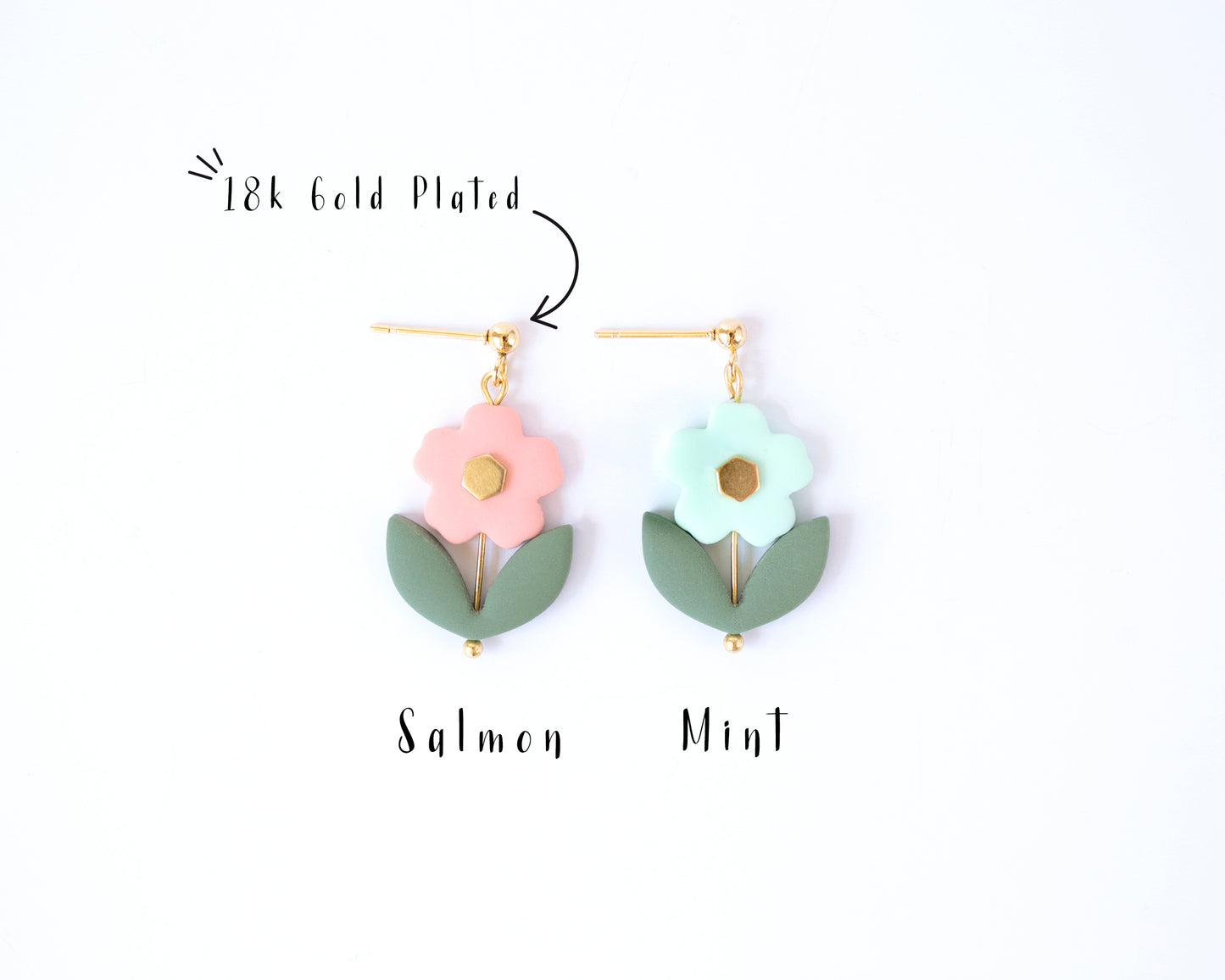 tatement flower beaded earrings in salmon and mint colors, handmade with 18K gold plated posts.