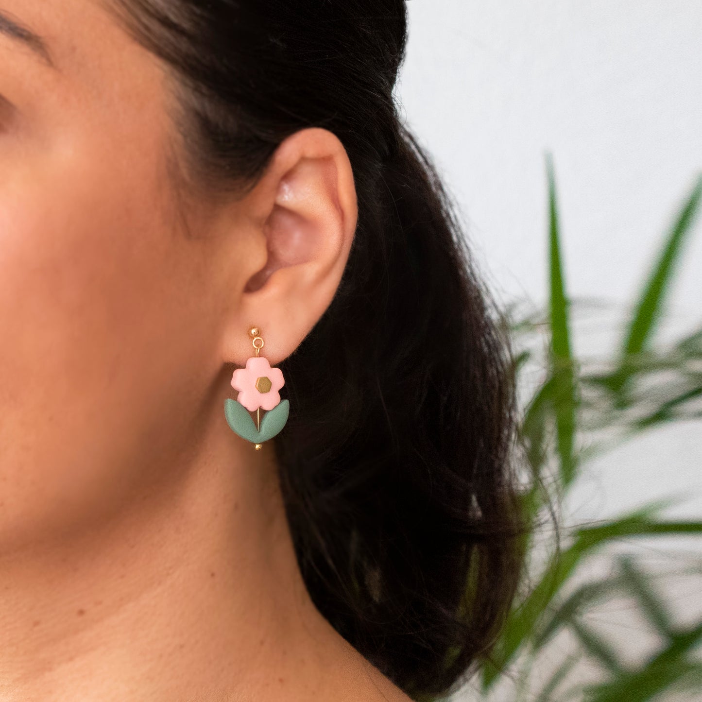 Statement flower beaded earrings, handmade with 18K gold plated posts, shown in light pink color