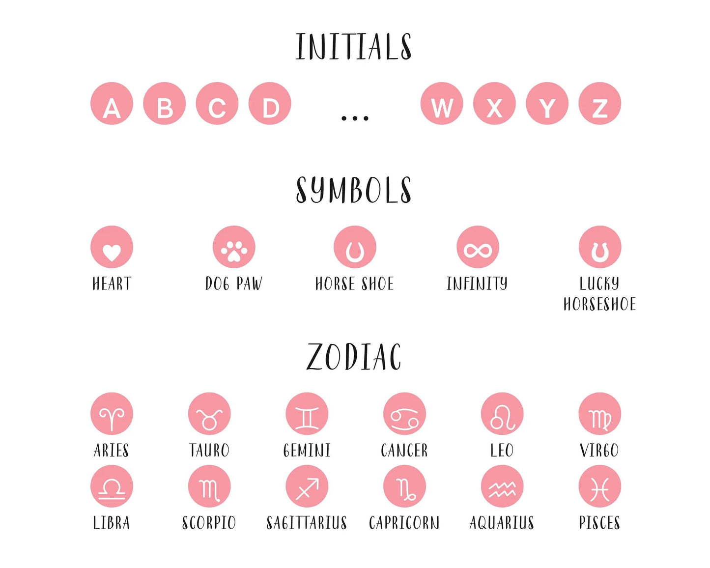 Symbols and initials options for personalized heart charm necklaces