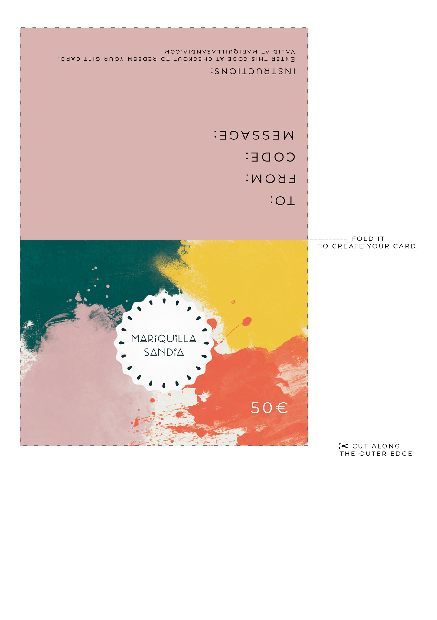 Printable gift card template in English 50 euros digital jewelry gift card to fold at home