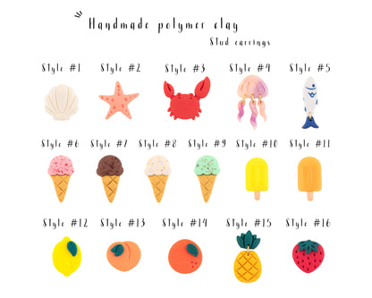 summer stud earrings in clay including strawberry earrings, lemon studs, peach earrings, orange studs, pineapple earrings, seashell studs, starfish earrings, crab studs, jellyfish earrings, fish earrings, and ice cream cone and popsicle stud earrings