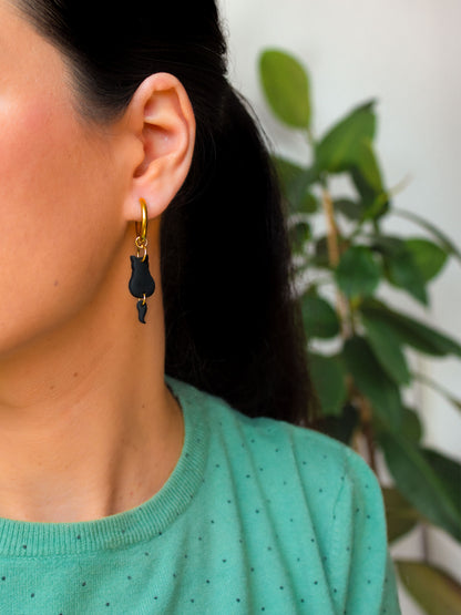 Black cat hoop earrings handmade from polymer clay, lightweight and comfortable.