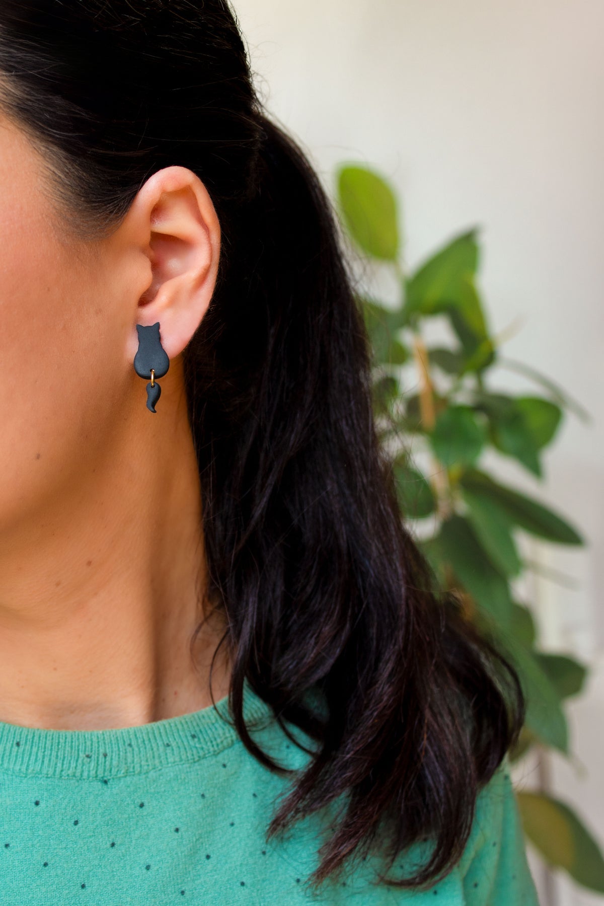Handmade black cat earrings, hypoallergenic dangle studs for a unique fall style