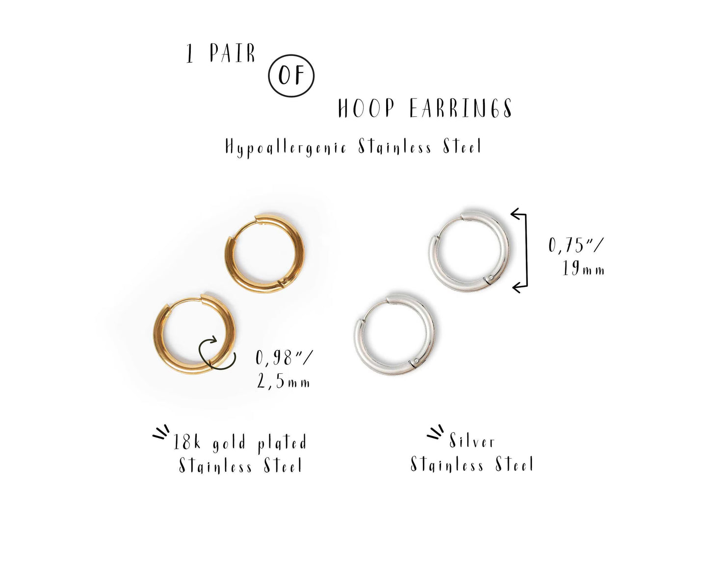 hypoallergenic stainless steel hoop earrings gold plated and silver 19 mm huggie size guide