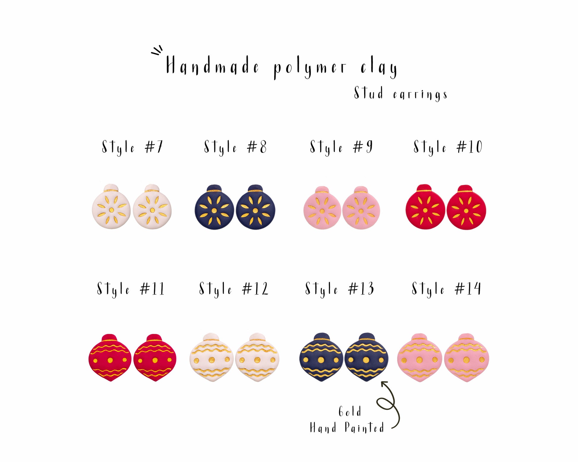 Handmade Christmas bauble stud earrings in festive red, pink, and navy blue colors, with golden accents. The perfect Christmas jewelry for her